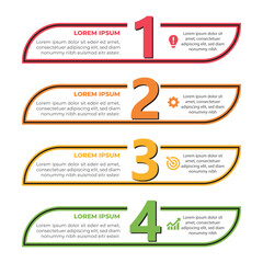 Modern 4-step infographic with bold numbers, icons, and colorful curved banners on white background