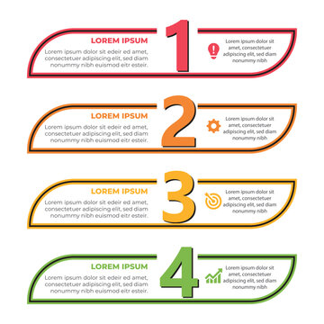 Modern 4-step infographic with bold numbers, icons, and colorful curved banners on white background