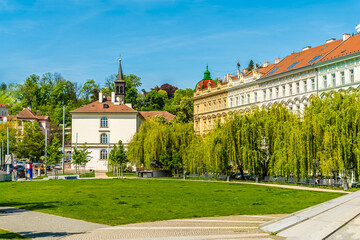 A view across the park at Mala Strana in the old town of Prague in springtime