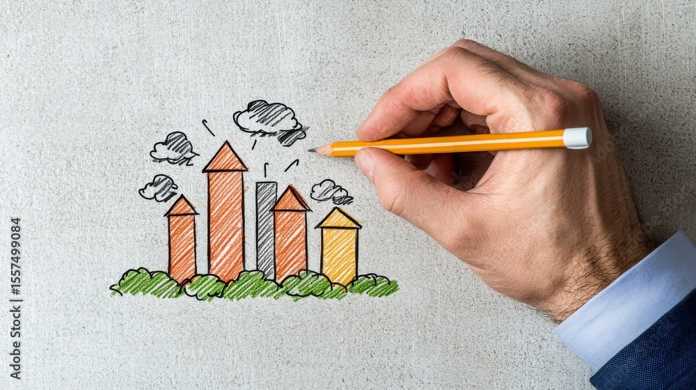 Poster sketching growth chart: a hand sketches a colorful growth chart with a pencil, illustrating progress