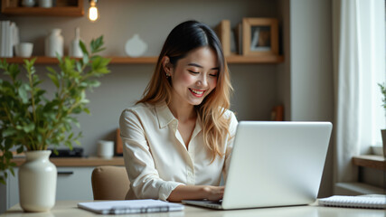 Engaging Woman Working on Laptop in Cozy Home Office