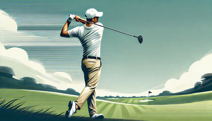 Obraz premium A dynamic and realistic depiction of a golfer mid-swing, captured in a bold and minimalistic style