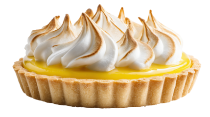 A delicious lemon meringue pie with a golden buttery crust. transparent background