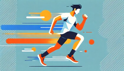 An abstract, vibrant illustration of an athletic man running, depicted in a bold and minimalistic style