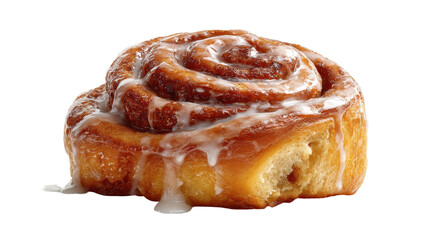 Delicious cinnamon roll topped with creamy icing on a plate. transparent background
