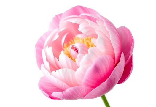 A single, fully bloomed pink peony, petals unfurled, isolated on pure white, soft, wallpaper