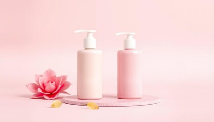 Two lotion cream bottles on a pink background, pastel color scheme, two bottles, hydrating