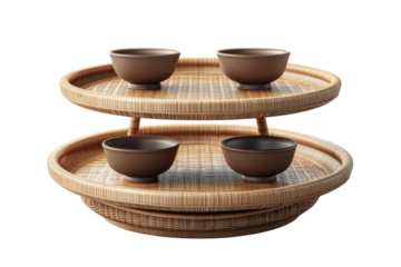 Serene tea ceremony Four earthen bowls rest gracefully on a woven rattan stand evoking a sense on transparent background