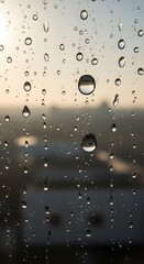Glistening raindrops on a glass window, reflecting a blurred urban cityscape at dawn, creating a serene and moody atmosphere.