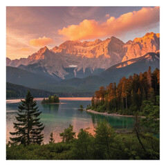 Impressive summer sunrise on Eibsee lake with Zugspitze mountain range. Sunny outdoor scene in German Alps, Bavaria, Germany, Europe. Beauty of nature 