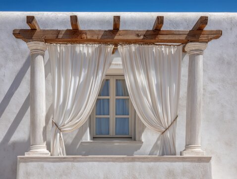 A window with white curtains and a white frame. The window is open - Powered by Adobe