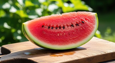A fresh slice of juicy watermelon on a wooden cutting board, perfect for a summer snack.