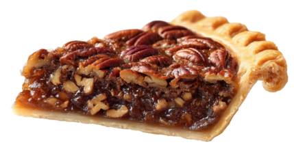 Delicious slice of pecan pie with rich filling and crust. transparent background