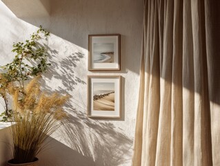 A white curtain hangs in front of a wall with a picture of a beach. A potted plant is in front of the curtain