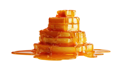 Delicious stacked waffles topped with golden caramel syrup. transparent background