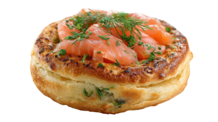 Delicious salmon dish garnished with fresh herbs on a pastry base. transparent background