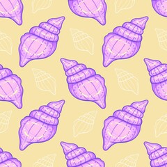 Purple Conch Seamless Pattern with Mustard yellow background