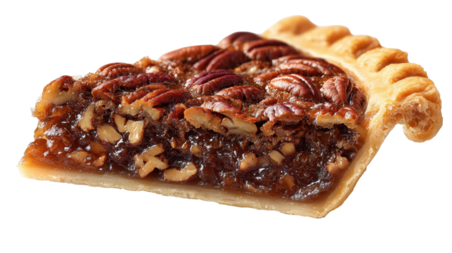 Delicious slice of pecan pie with rich filling and crust. transparent background