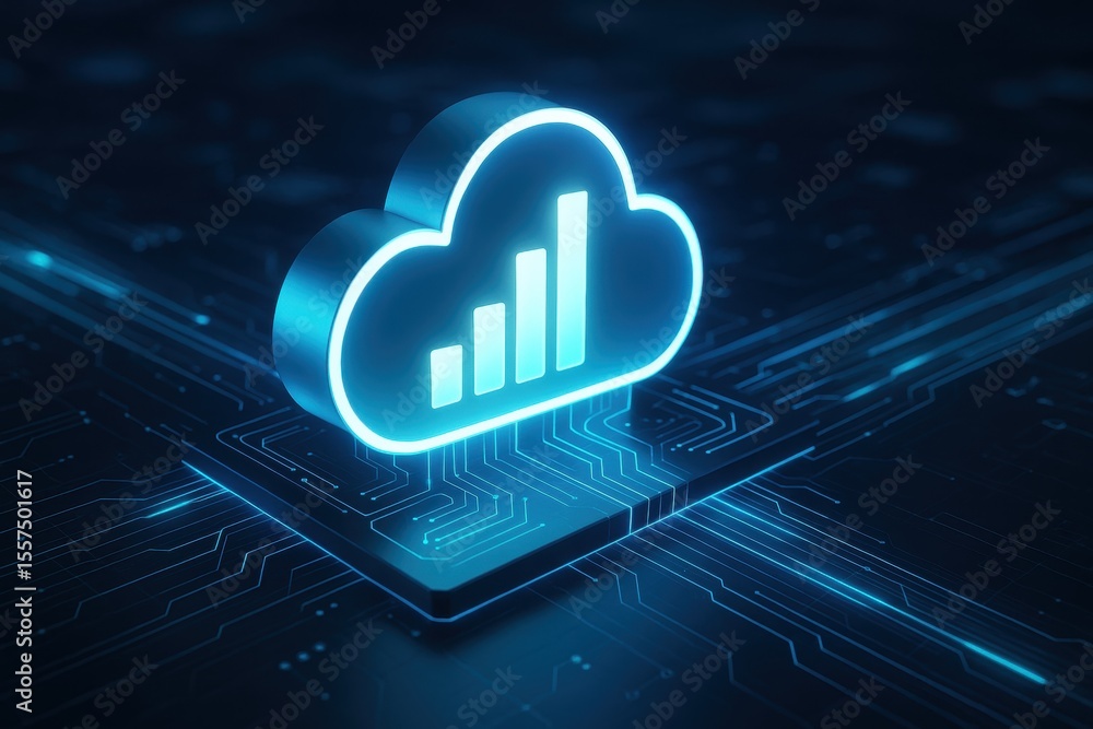 Poster digital cloud data visualization: illuminated cloud graphic symbolizes data processing and connectiv
