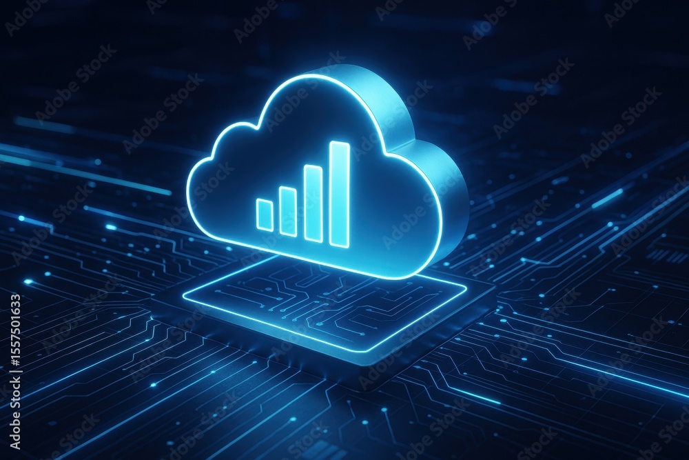 Poster cloud computing: a digital depiction of cloud computing, with a neon-outlined cloud icon, symbolizin