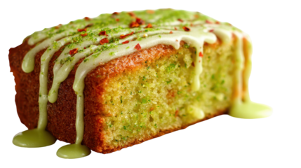Delicious green cake with creamy icing and toppings. transparent background