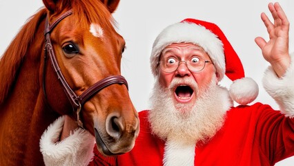 Surprised Santa Claus with horse throws up his hands