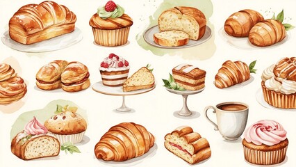 set of cakes and bakery on white background 