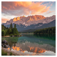 Impressive summer sunrise on Eibsee lake with Zugspitze mountain range. Sunny outdoor scene in German Alps, Bavaria, Germany, Europe. Beauty of nature 