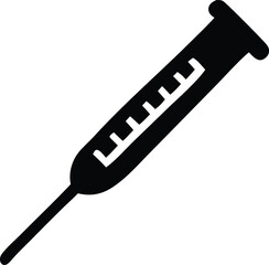 A simple black silhouette of a medical syringe with a needle viewed from the side at an angle against a white background