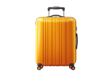Ready for adventure a vibrant orange suitcase stands poised for travel promising journeys full on transparent background