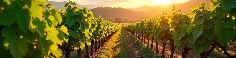 Naklejka premium Sun-Drenched Vineyard Ripe Grapes Ready for Harvest on Lush Hillside Vines