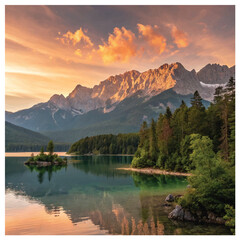 Impressive summer sunrise on Eibsee lake with Zugspitze mountain range. Sunny outdoor scene in German Alps, Bavaria, Germany, Europe. Beauty of nature 