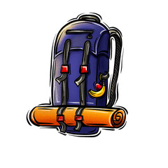 Naklejka premium Blue hiking backpack with rolled sleeping pad sticker. Perfect for outdoor adventures, camping, trekking, mountain trips, or travel-themed creative projects. 