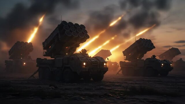 Multiple rocket launchers firing at night creating explosive trails