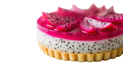 Vibrant dragon fruit tart with a creamy layer and colorful topping. transparent background