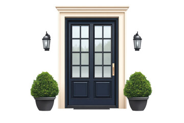 Fototapeta premium Inviting entryway with a navy blue paneled door flanked by topiaries offering welcome and on transparent background
