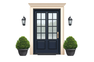 Inviting entryway with a navy blue paneled door flanked by topiaries offering welcome and on transparent background