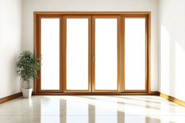 Inviting natural wood bi fold doors open up to a world of possibilities with sleek black on transparent background