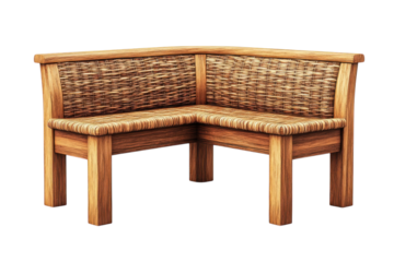 Inviting corner bench crafted from woven wicker perfect for intimate garden gatherings or on transparent background