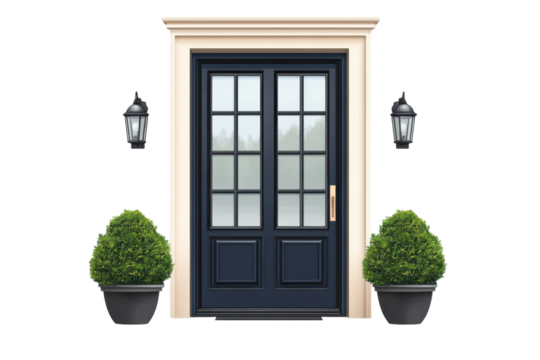Inviting entryway with a navy blue paneled door flanked by topiaries offering welcome and on transparent background