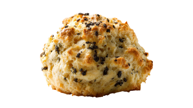 Freshly baked scone with a golden crust and black seeds. transparent background