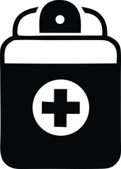 Stylized black and white icon of a medical first aid kit with a prominent red cross symbol inside a circle