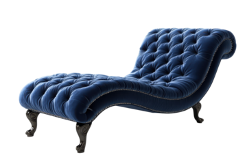 Indulge in Royal Comfort A plush blue velvet chaise lounge fit for daydreaming and relaxation on transparent background