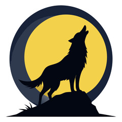 A lone black wolf silhouette howls at the moon against a wild night sky, a powerful illustration of nature's wildlife