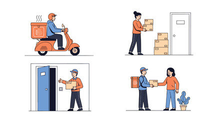 Illustrations depicting various aspects of parcel delivery and logistics services for customers and businesses