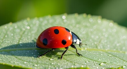 Obraz premium Detailed Macro View of a Bright Red Ladybug with Black Spots Perched on a Green Leaf Covered in Tiny Water Droplets, Bathed in Soft Sunlight