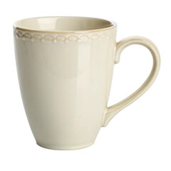 A simple cream-colored mug with decorative detailing on the rim.