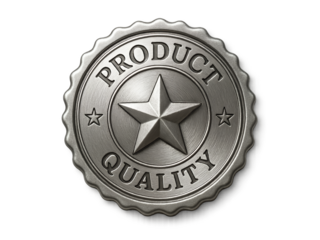 Metal badge with product quality emblem and star design Isolyate on transparent background