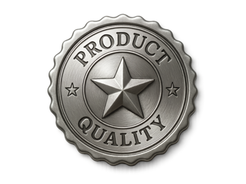 Metal badge with product quality emblem and star design Isolyate on transparent background