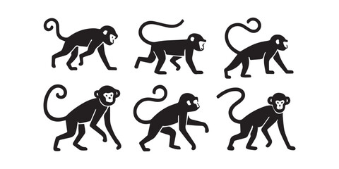Set of black monkey silhouettes in various poses: climbing, walking, jumping, and sitting. Vector illustration